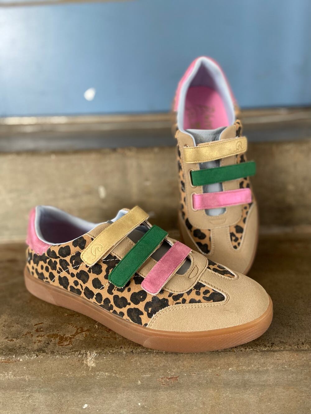 Blowfish Malibu Tucson leopard print sneakers with colorful Velcro straps